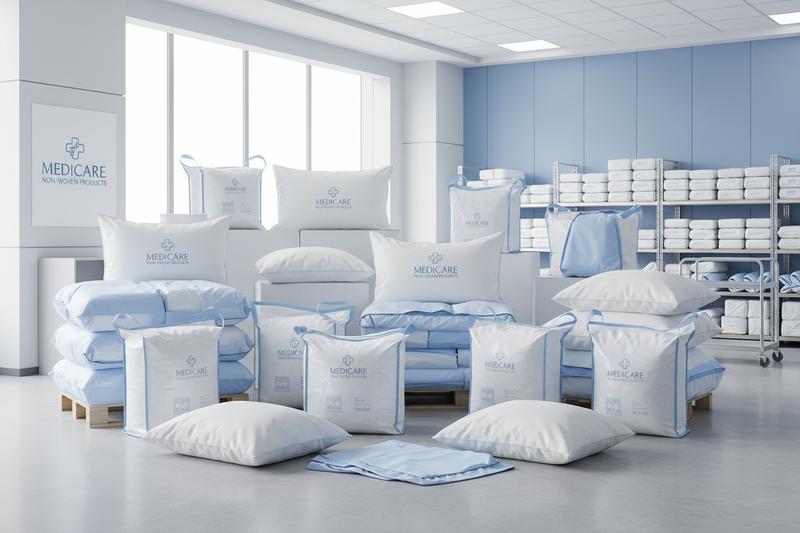Medicare branded pillows and bedding in a warehouse setting