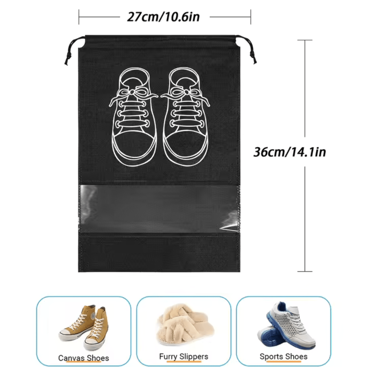 5-Pack Travel Shoe Storage Bags, Non-Woven Fabric Shoe Organizers - Black - Zeebad Pillow's